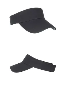Detailed views of a black sun visor hat featuring durable twill texture and wide curved brim