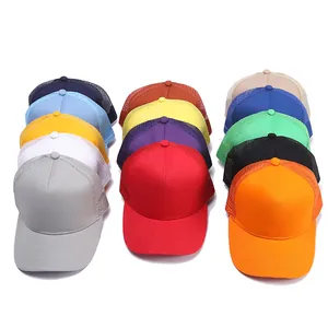 Detailed top view of breathable cotton mesh trucker hats in fourteen diverse solid colors
