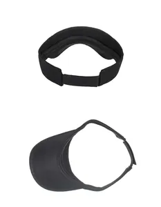 Detail view of the adjustable velcro strap and side profile of the black sun visor hat