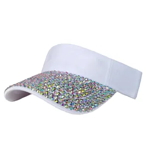 White open top sun hat for women featuring sparkling colorful rhinestones on the brim