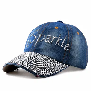 Damen Denim Strass Baseballkappe Spark Buchstabe Distressed Gewaschene Baumwolle Bling Sonnenhut Verstellbare Sommer Hip Hop Trucker Kappe