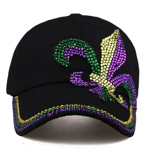 Detail of Fleur-de-lis rhinestone pattern in Mardi Gras colors on a black baseball cap