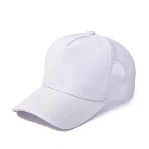 Close-up of the breathable white mesh back and solid panel on a cotton baseball cap