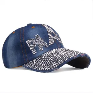 Denim baseball cap with rhinestone PRA letters and studded brim in washed blue finish