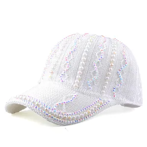 Casquette de Baseball en Tricot de Luxe pour Femmes Avec Perles et Strass Chapeau de Soleil Respirant Ajustable