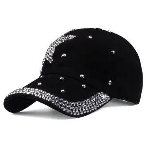 Black cotton baseball cap with silver rhinestones, moon pattern and metallic studs