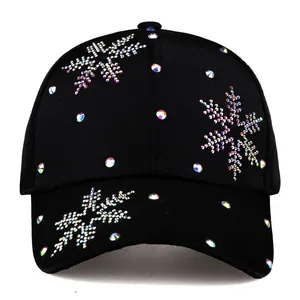 Mode Damen Schwarz Baseballkappe Mit Bunten Strass Schneeflocken Muster Breite Krempe Sonnenschutz Sommer Entenschnabel Hut