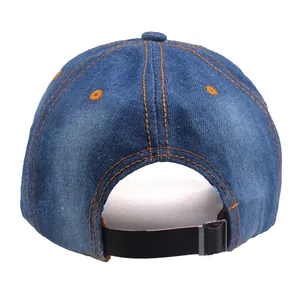 Rear view of a dark blue denim baseball cap with yellow stitching and metal buckle strap