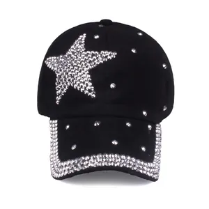 Women's Fashion Rhinestone Five-Pointed Star Baseball Cap Shiny Studded Adjustable Cotton Sun Hat Outdoor Casual Streetwear