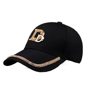 Casquette de baseball en coton noir avec lettre LD en strass et bordure cristallisée