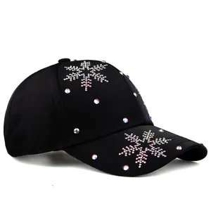 Schwarze Baseballkappe für Damen mit Strass-Schneeflockenmuster und breiter Krempe