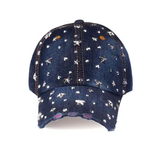 Women Distressed Denim Baseball Cap With Silver Star Rivets Rhinestone Embellished Sun Protection Retro Streetwear Hat