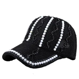 Casquette de soleil en maille pour femme avec perles de luxe, style baseball respirant