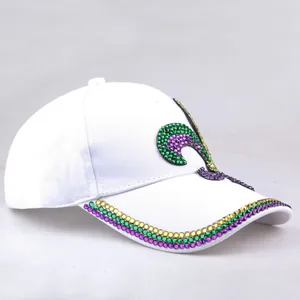 White baseball cap with Mardi Gras colored rhinestones in a stylish festive design