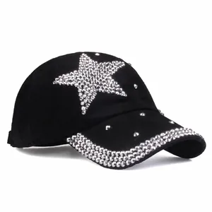 Women's Fashion Rhinestone Five-Pointed Star Baseball Cap Shiny Studded Adjustable Cotton Sun Hat Outdoor Casual Streetwear