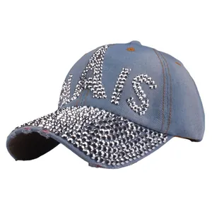 Blue denim baseball cap with silver rhinestone PARIS letter and studded brim sun hat