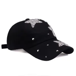 Black cotton baseball cap with silver rhinestone star pattern and adjustable strap