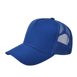 Navy blue five-panel breathable mesh trucker hat with solid cotton canvas front and curved brim