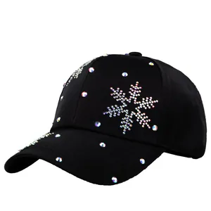 Damen Baseballkappe in Schwarz mit glitzernder Schneeflocke aus Strass und breitem Rand
