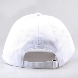 Rear view of white cotton baseball cap showing silver metal adjustable buckle and stitching