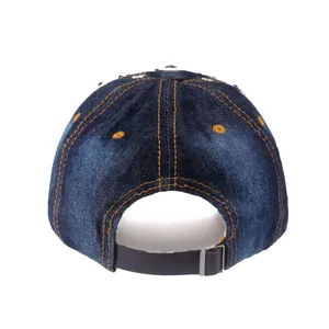 Dark blue denim baseball cap back view with orange stitching and silver rivets