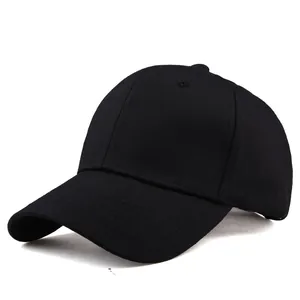 Side view of black cotton baseball cap showing six-panel structure and curved visor detail