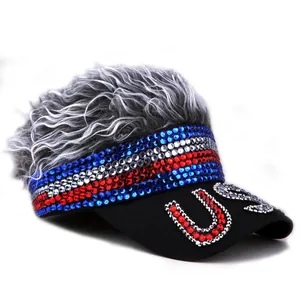 USA rhinestone baseball visor with grey curly wig hair and red white blue crystal stripes