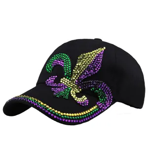 Black cotton baseball cap with multi-color rhinestone fleur-de-lis pattern and crystal brim