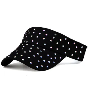 Detail of black visor hat with colorful rhinestones on durable twill fabric