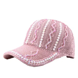 Gorra de béisbol de punto rosa brillante para mujer con perlas sintéticas y pedrería