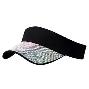 Women's black sun visor hat with rhinestones on brim and open top design