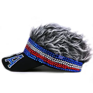 Detail of creative black baseball cap with grey wig hair and rhinestone USA flag motif