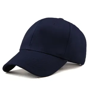 Detail of navy blue cotton baseball cap showing 6-panel structure and curved brim