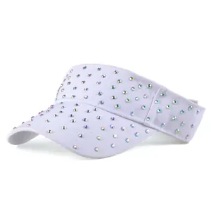 Close-up of white sun visor hat with sparkling colorful rhinestones and premium fabric texture