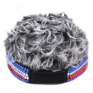 Fashionable baseball cap with USA rhinestones and grey curly synthetic wig