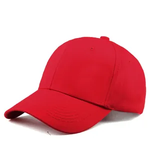 Close-up of red cotton baseball cap featuring six-panel construction and curved brim