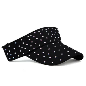Black sun visor for women with sparkling rhinestones and an adjustable open top design