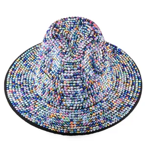 Detail view of colorful iridescent rhinestones on a wide brim wool fedora stage hat