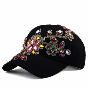 Luxury Rhinestone Floral Embroidery Baseball Cap For Women Fashion Colorful Crystal Cotton Denim Sun Hat Adjustable