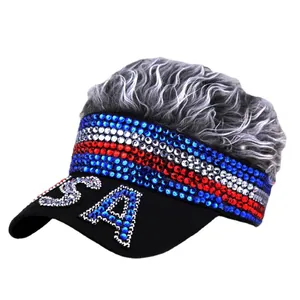 Sparkly USA flag sequin baseball cap with long grey synthetic hair extensions for women