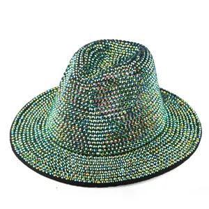 Close-up of sparkling iridescent rhinestones on a vintage fedora jazz hat