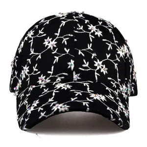 Women's black baseball cap with white floral embroidery and sparkling rhinestones