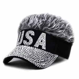 Visière pour Femme USA avec Strass et Cheveux de Perruque Drôle Casquette Solaire Réglable pour Fête du Jour de l'Indépendance