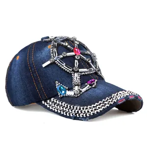 Women's Luxury Rhinestone Studded Denim Baseball Cap Marine Rudder Anchor Distressed Washed Cotton Sun Hat Outdoor Casual