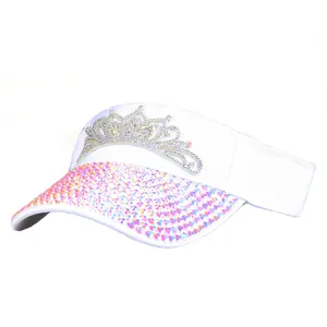 White open top sun hat with silver rhinestone crown and colorful sequin brim