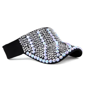 Damen Sonnenvisier in Schwarz mit glitzernden Straßsteinen und bunten Perlen für Sonnenschutz