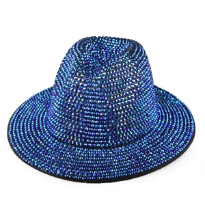 Detailed view of the sparkling blue rhinestone embellishments on this fedora hat