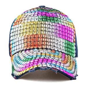 Rainbow sequin baseball cap with colorful rhinestone stripes and studded sun protection
