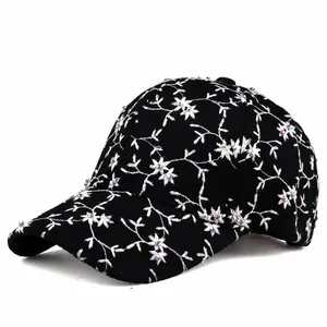 Women Fashion Floral Embroidery Baseball Cap With Rhinestone Sun Protection Outdoor Adjustable Cotton Blend Hat
