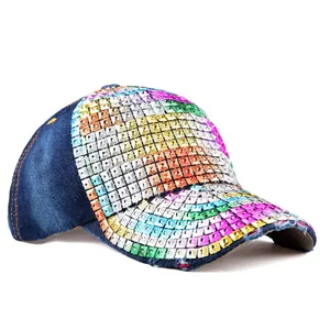 Navy denim baseball cap for women with vibrant rainbow sequins and sun protection